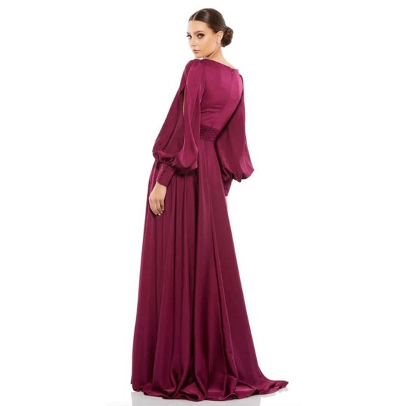 NWT Mac Duggal $398 FLOWY SPLIT BISHOP SLEEVE FAUX WRAP GOWN 67847 WINE - Picture 3 of 5